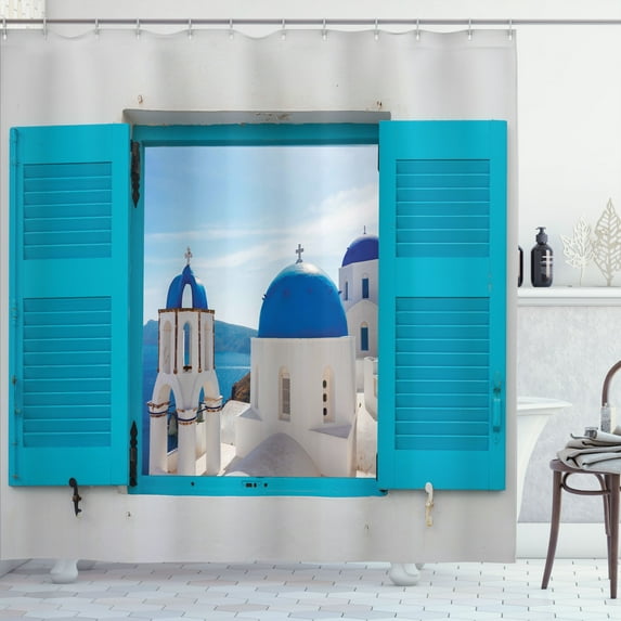 Ambesonne Landscape Shower Curtain, Greece Oia Building, 69"Wx75"L, Aqua Blue White