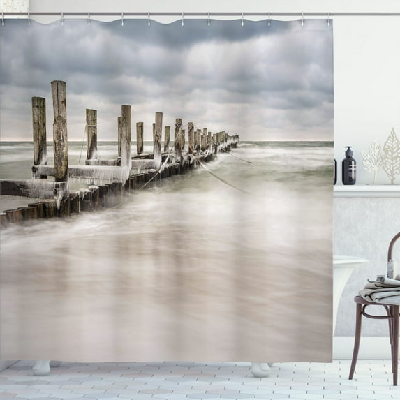 Ambesonne Landscape Shower Curtain, Groyne Zingst Germany, 69"Wx70"L, Pale Blue White Tan