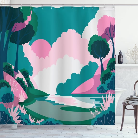 Ambesonne Landscape Shower Curtain, Lake View Nature Scene, 69"Wx75"L, Pink and Teal