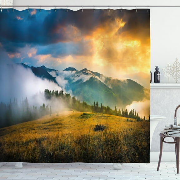 Ambesonne Landscape Shower Curtain, Misty Mountaintops, 69"Wx75"L, Yellow Blue Green