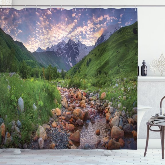 Ambesonne Landscape Shower Curtain, Mountain Austrian Alps, 69"Wx70"L, Olive Green Pale Peach