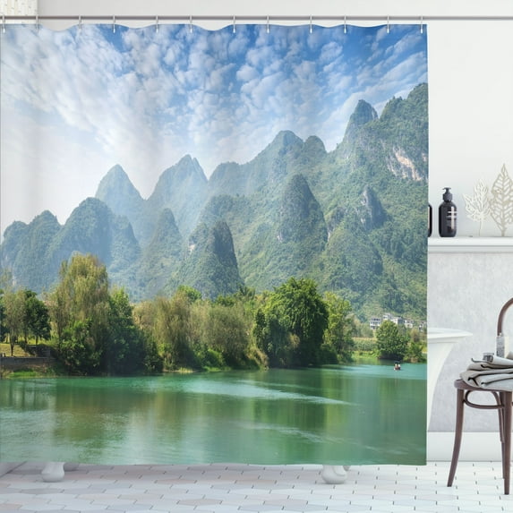 Ambesonne Landscape Shower Curtain, Mountain Tree Buildings, 69"Wx84"L, Sea Blue and Peacock Green