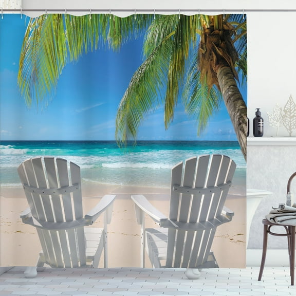 Ambesonne Landscape Shower Curtain, Palm Tree Chairs Beach, 69"Wx70"L, Azure Blue and Olive Green