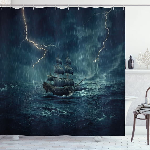 Ambesonne Landscape Shower Curtain, Pirate Vintage Ship, 69"Wx84"L, Dark Cadet Blue White
