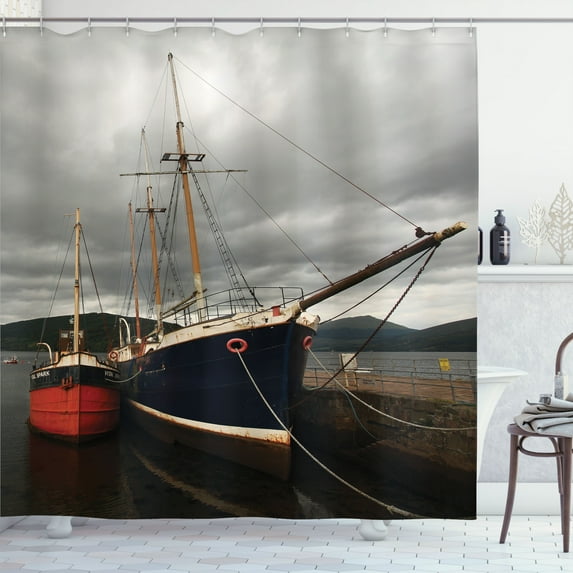 Ambesonne Landscape Shower Curtain, Ships at Dock Scenery, 69"Wx70"L, Paprika and Pale Grey