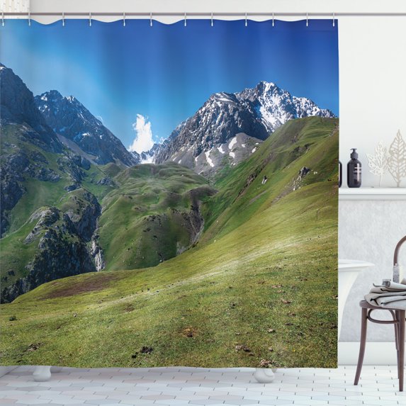 Ambesonne Landscape Shower Curtain, Snowy Mountains Meadows, 69"Wx84"L, Cobalt Blue and Olive Green