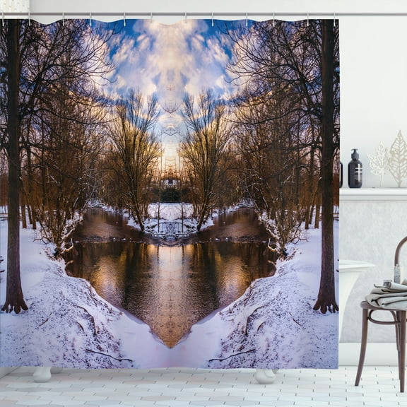 Ambesonne Landscape Shower Curtain, Snowy Winter Park Lake, 69"Wx84"L, Brown and White