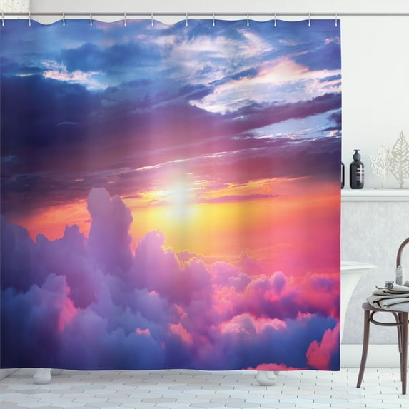 Ambesonne Landscape Shower Curtain, Sunset Sky and Clouds, 69"Wx75"L, Blue Yellow Purple