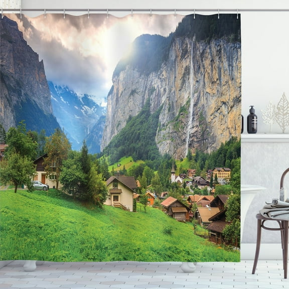 Ambesonne Landscape Shower Curtain, Waterfall Sunlight, 69"Wx70"L, Green Grey