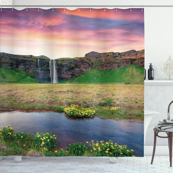 Ambesonne Landscape Shower Curtain, Waterfall View in Sunrise, 69"Wx84"L, Multicolor