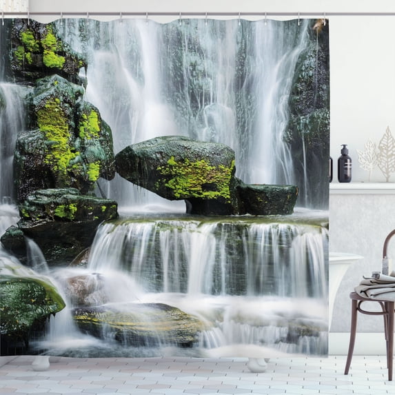 Ambesonne Landscape Shower Curtain, Waterfall with Rocks, 69"Wx70"L, Green Black and White