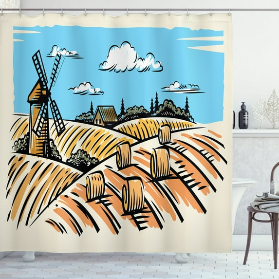 Ambesonne Landscape Shower Curtain, Windmillnd Hay Bales, 69"Wx70"L, Pale Brown Earth Yellow