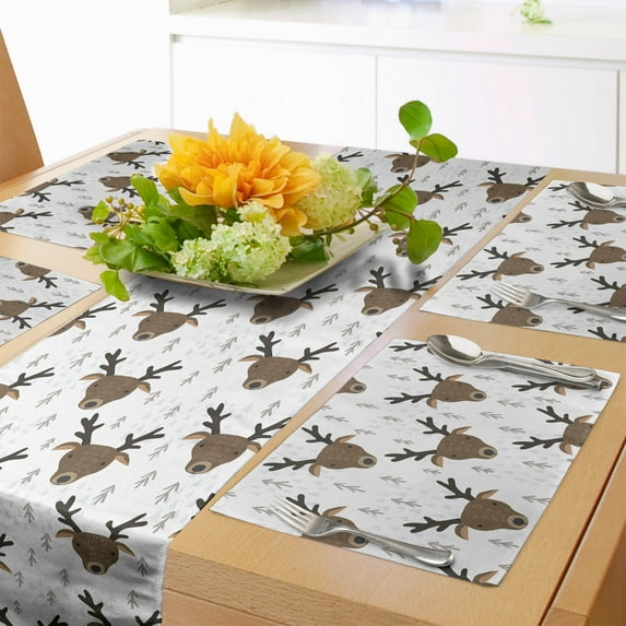 Ambesonne Landscape Table Runner & Placemats, Deer Heads and Fir Trees, Placemat 4 pcs + Runner 12"x72", White Sepia Dark Taupe