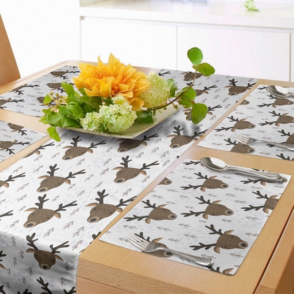 Ambesonne Landscape Table Runner & Placemats, Deer Heads and Fir Trees, Placemat 4 pcs + Runner 14"x90", White Sepia Dark Taupe