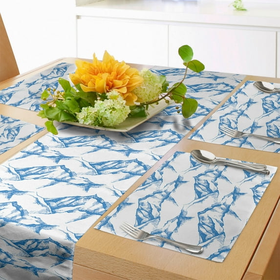 Ambesonne Landscape Table Runner & Placemats, Scribbled Mountain Peaks, Placemat 4 pcs + Runner 16"x90", Cobalt Blue White