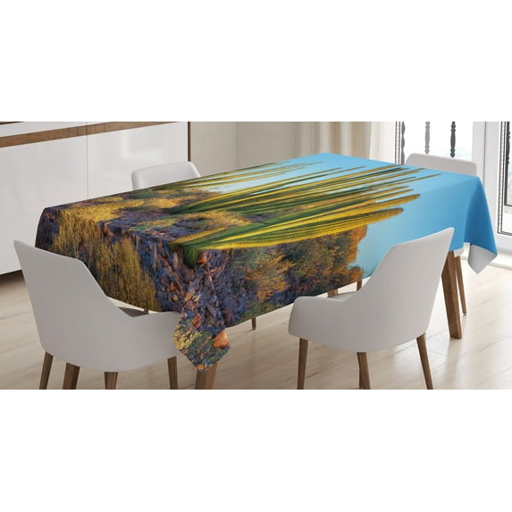 Ambesonne Landscape Tablecloth Rectangular Table Cover, Mountain Cactus Photo, 60"x84", Multicolor