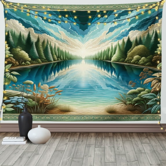 Ambesonne Landscape Tapestry Wall Hanging, River and Forest Symmetry, 60"x40", Green Blue