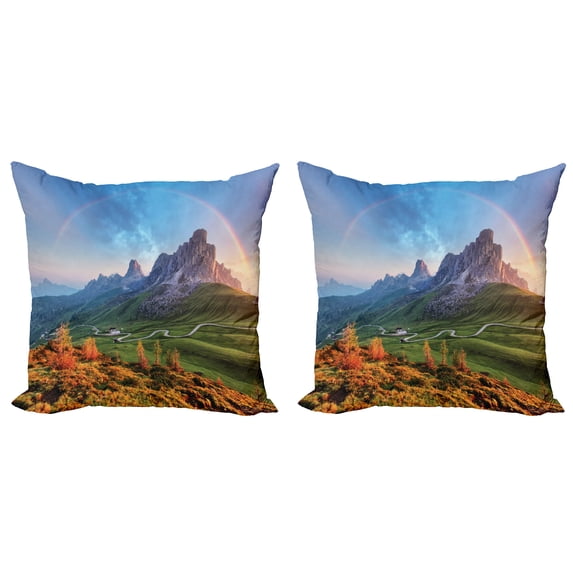 Ambesonne Landscape Throw Pillow Cover 2 Pack, Alps Rainbow Morning, 16", Multicolor