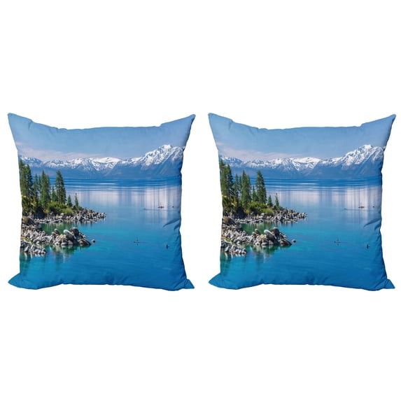 Ambesonne Landscape Throw Pillow Cover 2 Pack, Blue Water Lake Tahoe, 16", Pale Blue Green Grey
