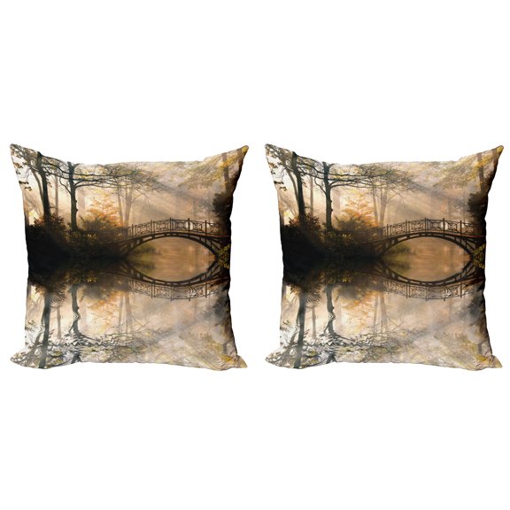 Ambesonne Landscape Throw Pillow Cover 2 Pack, Bridge River Forest, 18", Multicolor