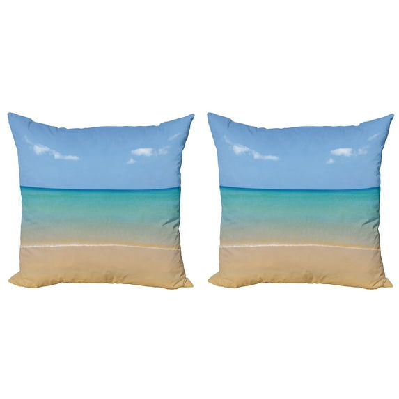 Ambesonne Landscape Throw Pillow Cover 2 Pack, Calm Beach Hot Sun, 16", Cream Turquoise