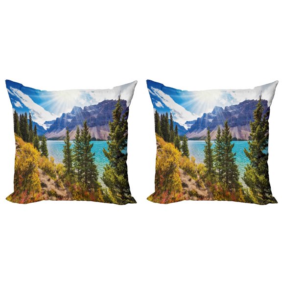 Ambesonne Landscape Throw Pillow Cover 2 Pack, Canadian Glacial Lake, 16", Aqua Mauve Green