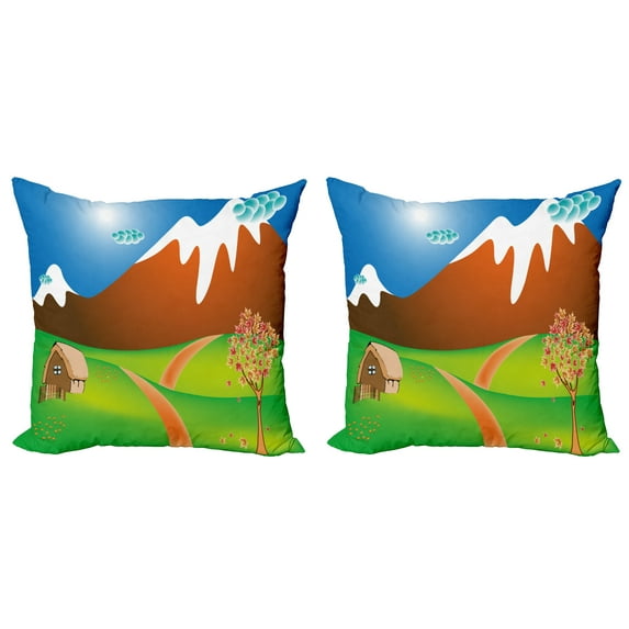 Ambesonne Landscape Throw Pillow Cover 2 Pack, Cartoon Country Scene, 18", Multicolor