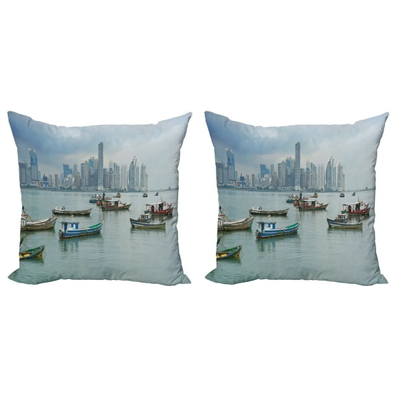 Ambesonne Landscape Throw Pillow Cover 2 Pack, Fishing Boats Panama, 18", Multicolor