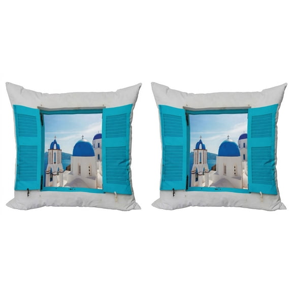 Ambesonne Landscape Throw Pillow Cover 2 Pack, Greece Oia Building, 20", Aqua Blue White