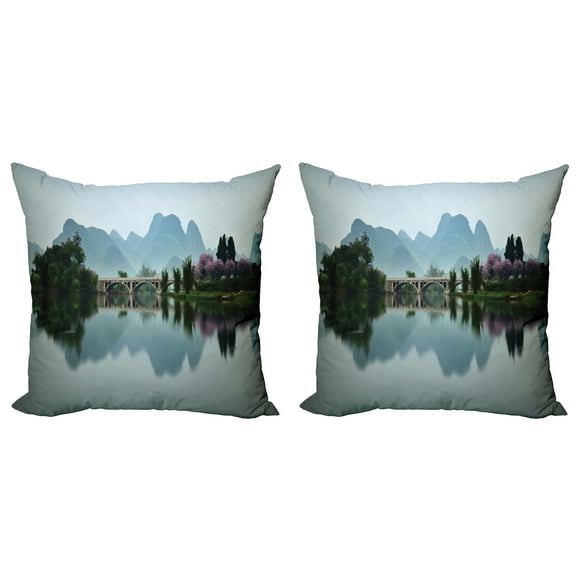 Ambesonne Landscape Throw Pillow Cover 2 Pack, Japanese Lake View, 18", Multicolor