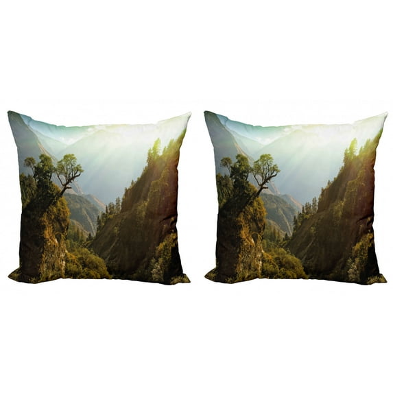Ambesonne Landscape Throw Pillow Cover 2 Pack, Nepal Forest Majestic, 24", Green Pale Yellow