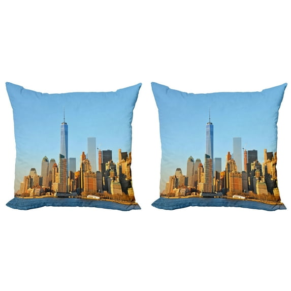 Ambesonne Landscape Throw Pillow Cover 2 Pack, New York City Skyline, 18", Pale Blue Orange