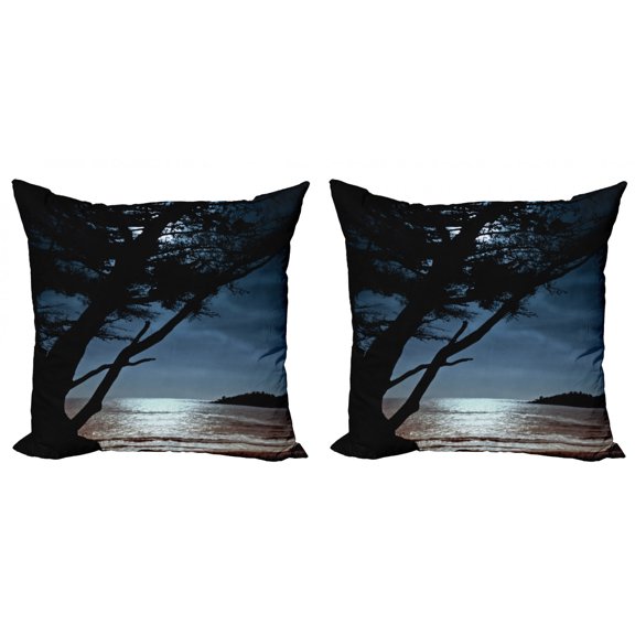 Ambesonne Landscape Throw Pillow Cover 2 Pack, Night Tree Silhouette Sea, 16", Black and Blue
