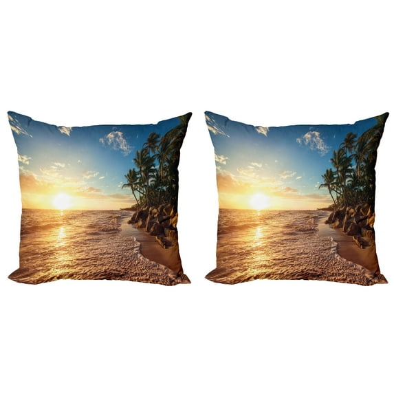Ambesonne Landscape Throw Pillow Cover 2 Pack, Palm Trees on Beach, 16", Blue Yellow Brown