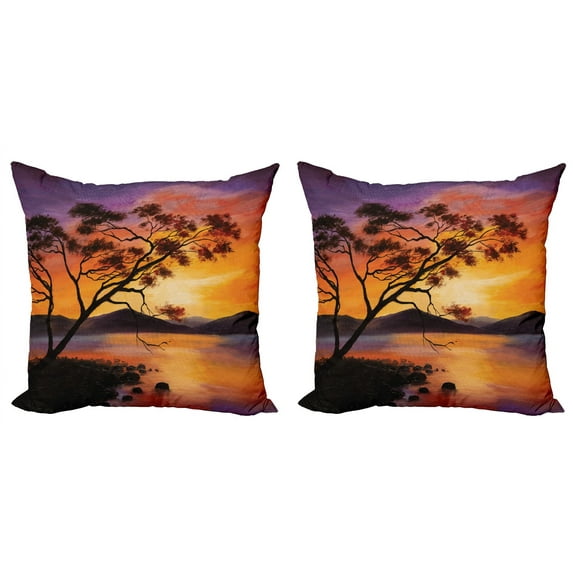 Ambesonne Landscape Throw Pillow Cover 2 Pack, River Mountain Sunset, 16", Burnt Orange Purple