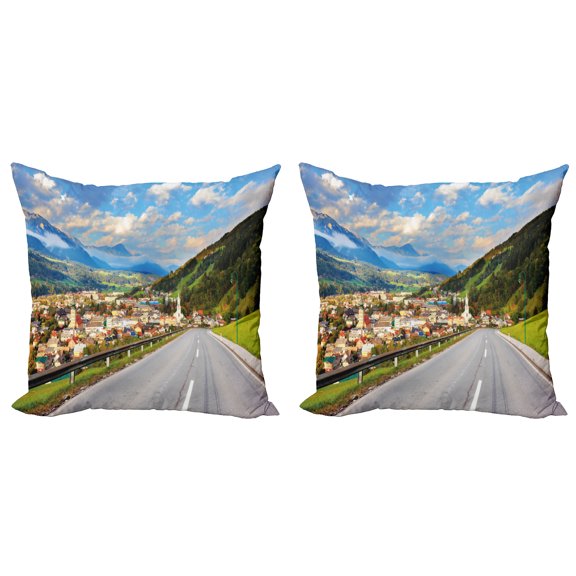 Ambesonne Landscape Throw Pillow Cover 2 Pack, Road Alps Small Town, 24", Multicolor