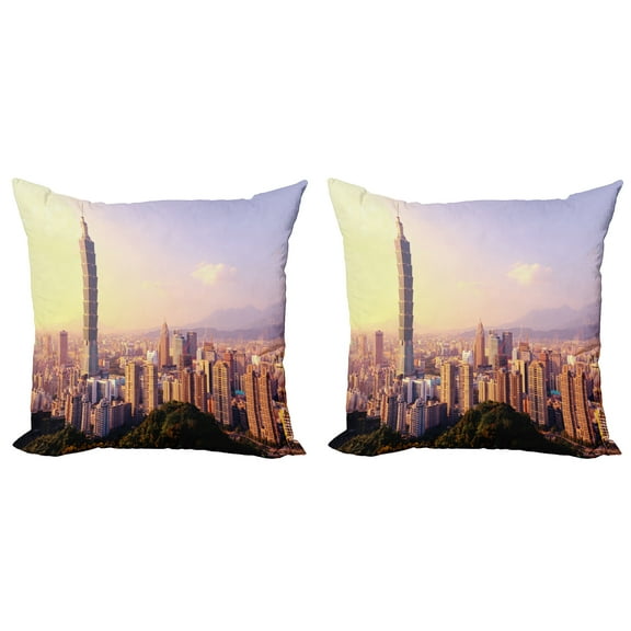 Ambesonne Landscape Throw Pillow Cover 2 Pack, Skyline Taipei Taiwan, 24", Multicolor