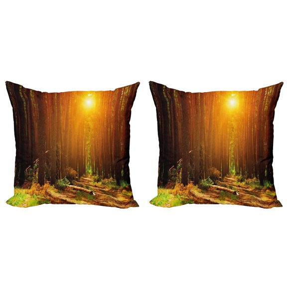 Ambesonne Landscape Throw Pillow Cover 2 Pack, Sunset Dawn Sun Rise, 18", Earth Yellow Dark Orange
