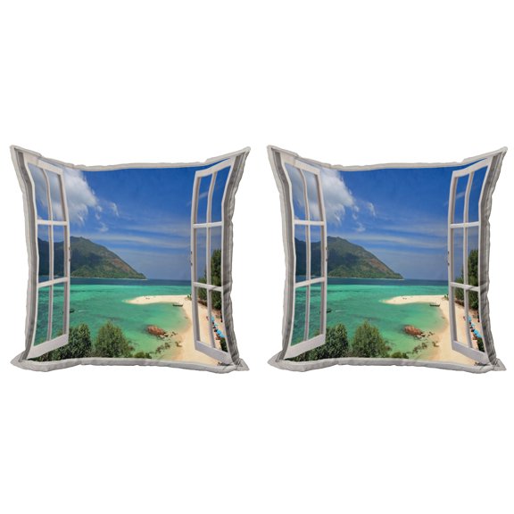 Ambesonne Landscape Throw Pillow Cover 2 Pack, Tropic Scene in Window, 18", Multicolor