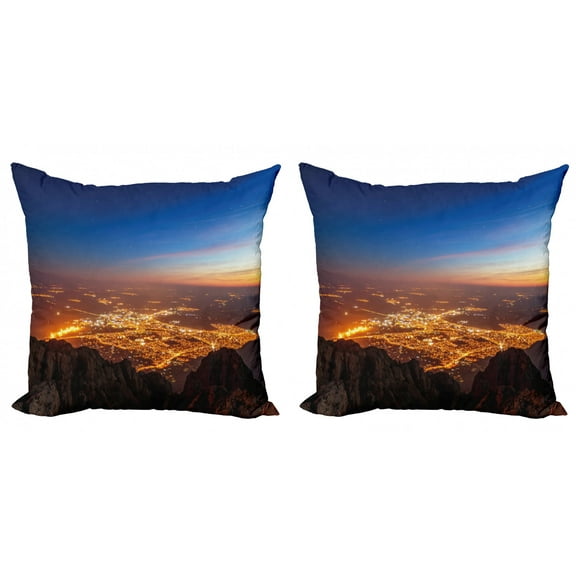 Ambesonne Landscape Throw Pillow Cover 2 Pack, Twilight City, 16", Brown Orange Blue