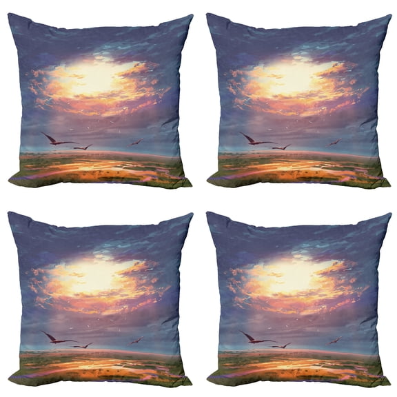 Ambesonne Landscape Throw Pillow Cover 4 Pack, Beaming Sun Clouds, 20", Blue Orange