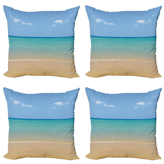 Ambesonne Landscape Throw Pillow Cover 4 Pack, Calm Beach Hot Sun, 20", Cream Turquoise
