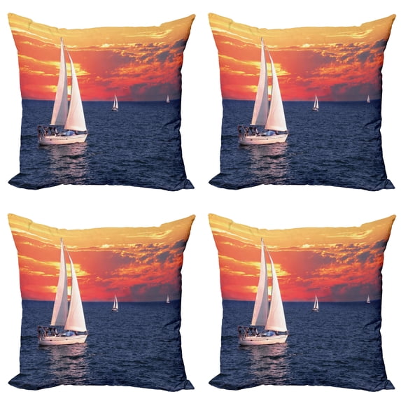 Ambesonne Landscape Throw Pillow Cover 4 Pack, Calm Evening Sailing, 16", Dark Blue Orange White