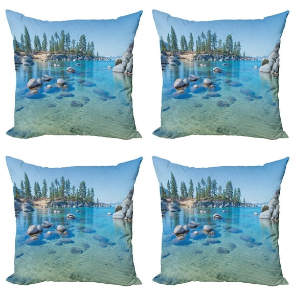 Ambesonne Landscape Throw Pillow Cover 4 Pack, Calm Still Water Rocks, 18", Blue Grey Green