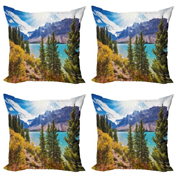 Ambesonne Landscape Throw Pillow Cover 4 Pack, Canadian Glacial Lake, 16", Aqua Mauve Green
