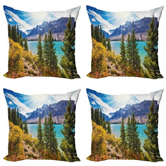 Ambesonne Landscape Throw Pillow Cover 4 Pack, Canadian Glacial Lake, 18", Aqua Mauve Green