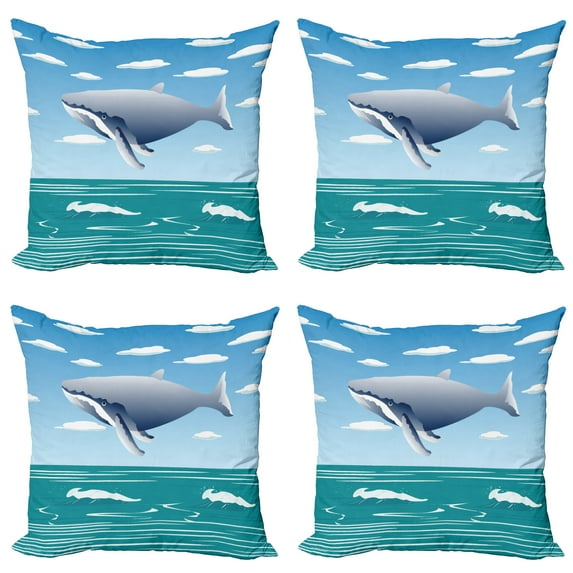 Ambesonne Landscape Throw Pillow Cover 4 Pack, Cartoon Ocean Whale, 18", Blue