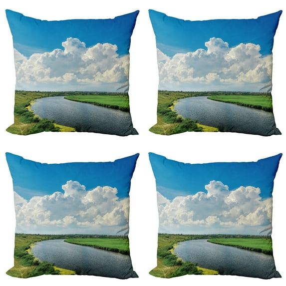 Ambesonne Landscape Throw Pillow Cover 4 Pack, Clouds River Meadows, 18", Green Blue White