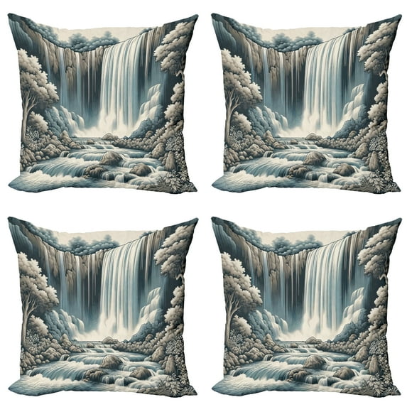 Ambesonne Landscape Throw Pillow Cover 4 Pack, Expressive Waterfall Art, 24", Blue Grey Pale Sepia