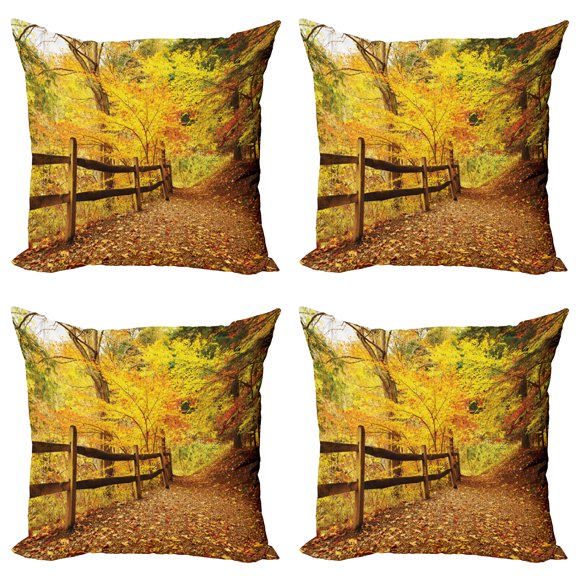 Ambesonne Landscape Throw Pillow Cover 4 Pack, Fall Trees Leaf Road, 20", Ginger Yellow Marigold